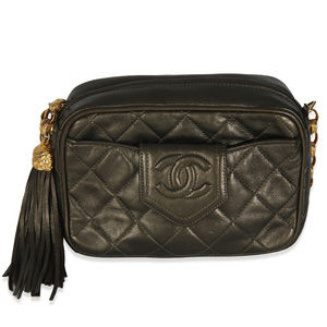 Chanel Vintage Metallic Green Quilted Lambskin Tassel Camera Bag